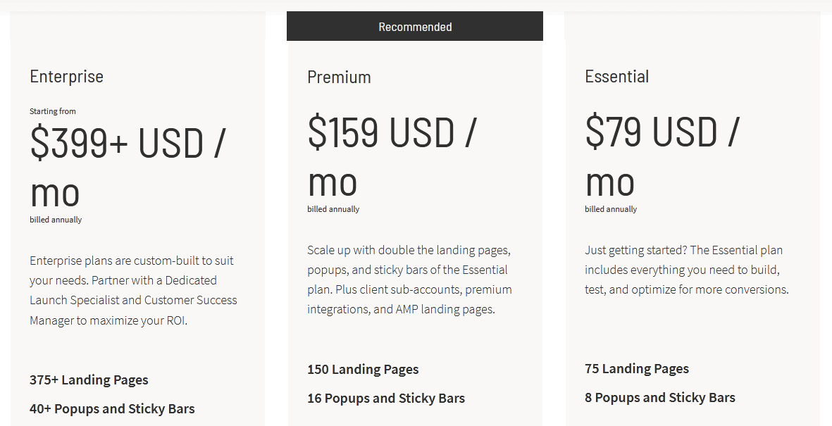 Landing Page Builders/ Unbounce pricing plans